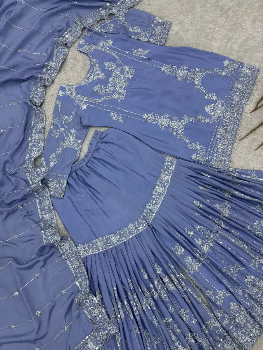 RICH LOOK GERMAN CHINON EMBROIDERY SEQUENCE WORK WITH READY MADE LACE BORDER WORK TOP SHARARA WITH DUPATTA FESTIVE WEAR WHOLESALE PRICE ETHNIC GARMENT (5)