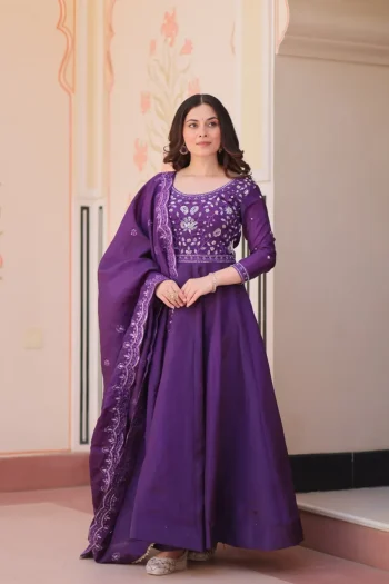 RICH LOOK GOLD CRUSH BEADS EMBROIDERY-WORK GOWN WITH DUPATTA PURPLE