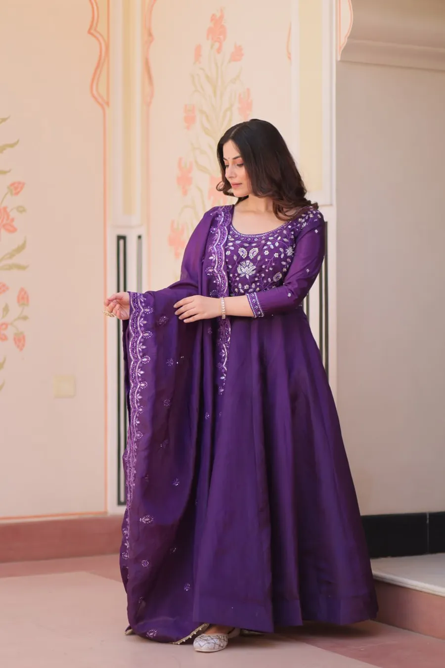 RICH LOOK GOLD CRUSH BEADS EMBROIDERY-WORK GOWN WITH DUPATTA WEDDING WEAR WHOLESALE PRICE ETHNIC GARMENT (17)