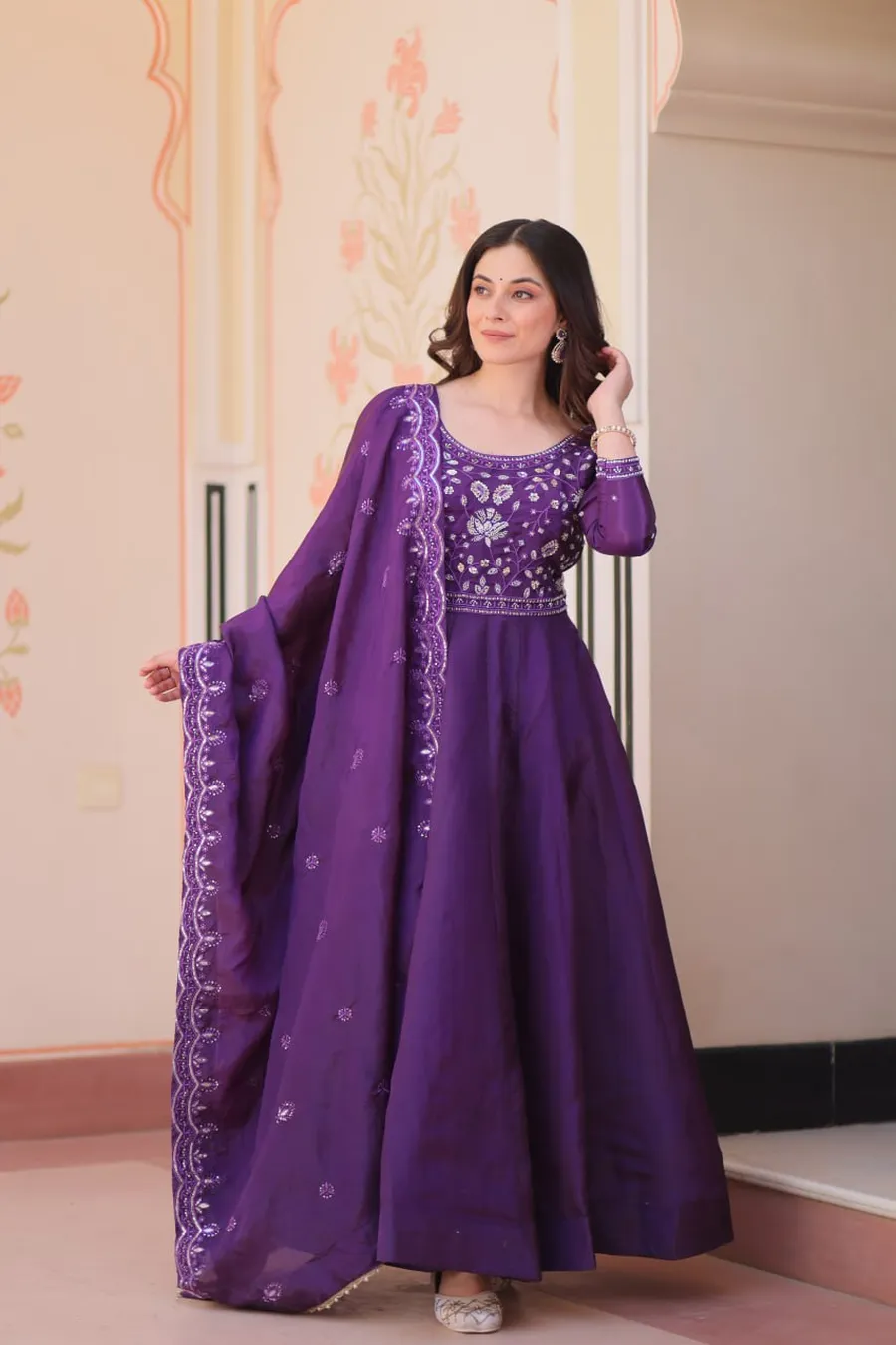 RICH LOOK GOLD CRUSH BEADS EMBROIDERY-WORK GOWN WITH DUPATTA WEDDING WEAR WHOLESALE PRICE ETHNIC GARMENT (18)
