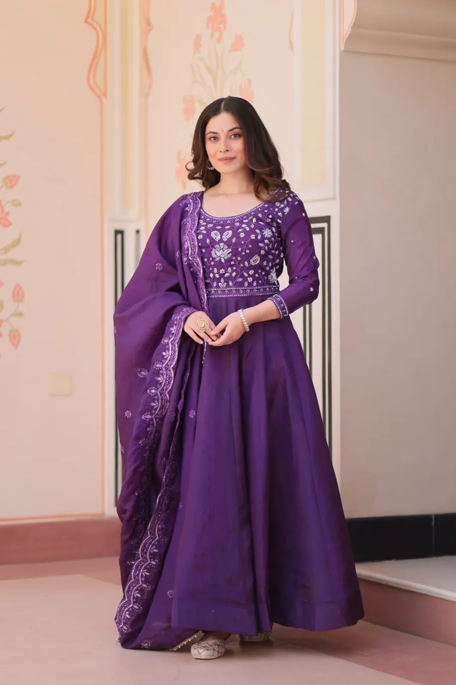 RICH LOOK GOLD CRUSH BEADS EMBROIDERY-WORK GOWN WITH DUPATTA WEDDING WEAR WHOLESALE PRICE ETHNIC GARMENT (19)