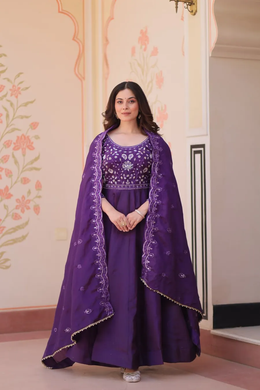 RICH LOOK GOLD CRUSH BEADS EMBROIDERY-WORK GOWN WITH DUPATTA WEDDING WEAR WHOLESALE PRICE ETHNIC GARMENT (25)
