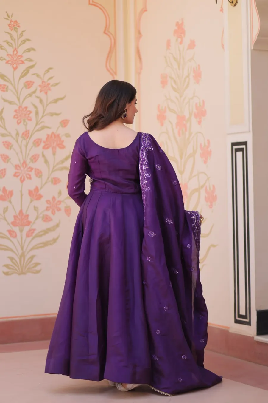 RICH LOOK GOLD CRUSH BEADS EMBROIDERY-WORK GOWN WITH DUPATTA WEDDING WEAR WHOLESALE PRICE ETHNIC GARMENT (28)