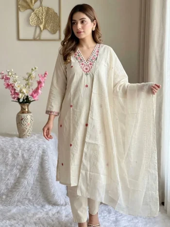 RICH LOOK KHADI COTTON EMBROIDERY WORK TOP BOTTOM WITH DUPATTA OFF WHITE