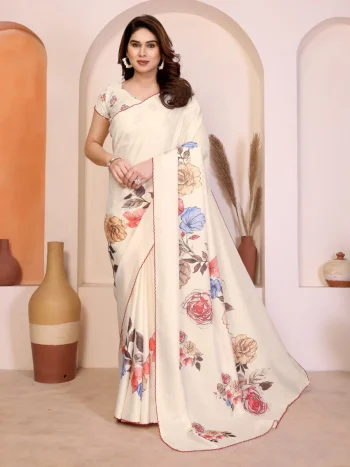RICH LOOK MANIPURI SILK KALAMKARI DIGITAL PRINT WITH ARC BORDER WORK SAREE WITH UNSTITCHED BLOUSE OFF WHITE