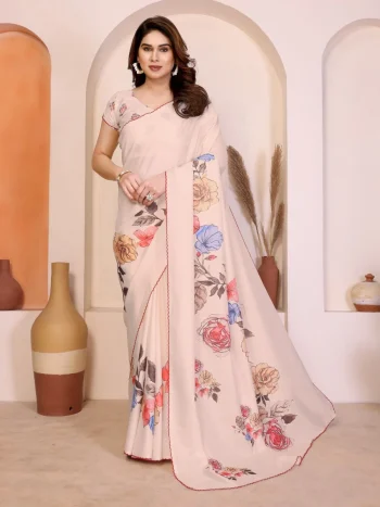 RICH LOOK MANIPURI SILK KALAMKARI DIGITAL PRINT WITH ARC BORDER WORK SAREE WITH UNSTITCHED BLOUSE CREAM