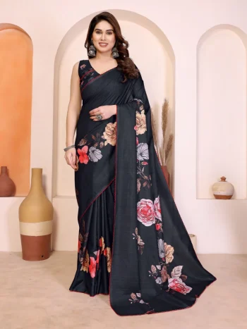 RICH LOOK MANIPURI SILK KALAMKARI DIGITAL PRINT WITH ARC BORDER WORK SAREE WITH UNSTITCHED BLOUSE BLACK