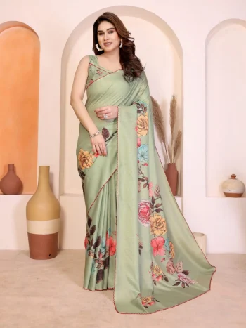 RICH LOOK MANIPURI SILK KALAMKARI DIGITAL PRINT WITH ARC BORDER WORK SAREE WITH UNSTITCHED BLOUSE PISTA