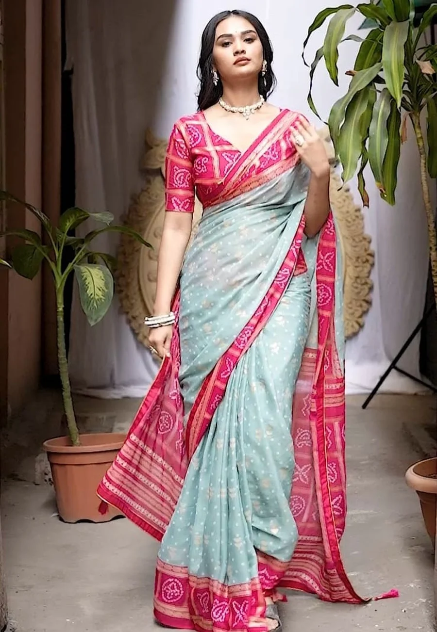 RICH LOOK MOSS SILK FOIL PRINT WITH PIPING AND JHUMKHA BORDER WORK SAREE WITH UNSTITCHED BLOUSE FESTIVE WEAR WHOLESALE PRICE ETHNIC GARMENT (1)
