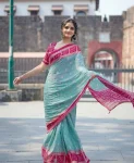 RICH LOOK MOSS SILK FOIL PRINT WITH PIPING AND JHUMKHA BORDER WORK SAREE WITH UNSTITCHED BLOUSE FESTIVE WEAR WHOLESALE PRICE ETHNIC GARMENT (1)