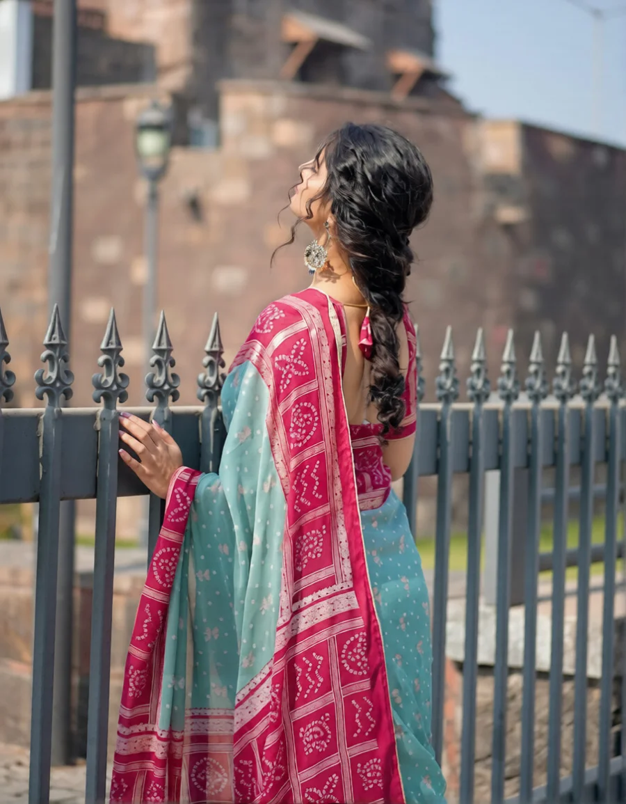 RICH LOOK MOSS SILK FOIL PRINT WITH PIPING AND JHUMKHA BORDER WORK SAREE WITH UNSTITCHED BLOUSE FESTIVE WEAR WHOLESALE PRICE ETHNIC GARMENT (3)