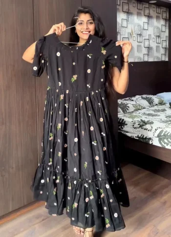RICH LOOK MUL CHANDERI EMBROIDERY THREAD WORK ONE PIECE DRESS BLACK