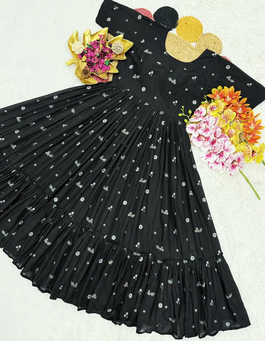 RICH LOOK MUL CHANDERI EMBROIDERY THREAD WORK ONE PIECE DRESS DAILY WEAR WHOLESALE PRICE ETHNIC GARMENT (9)