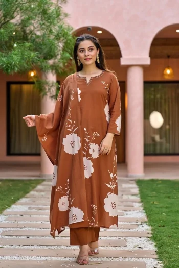 RICH LOOK MUSLIN PRINTED WORK TOP BOTTOM WITH DUPATTA ORANGE