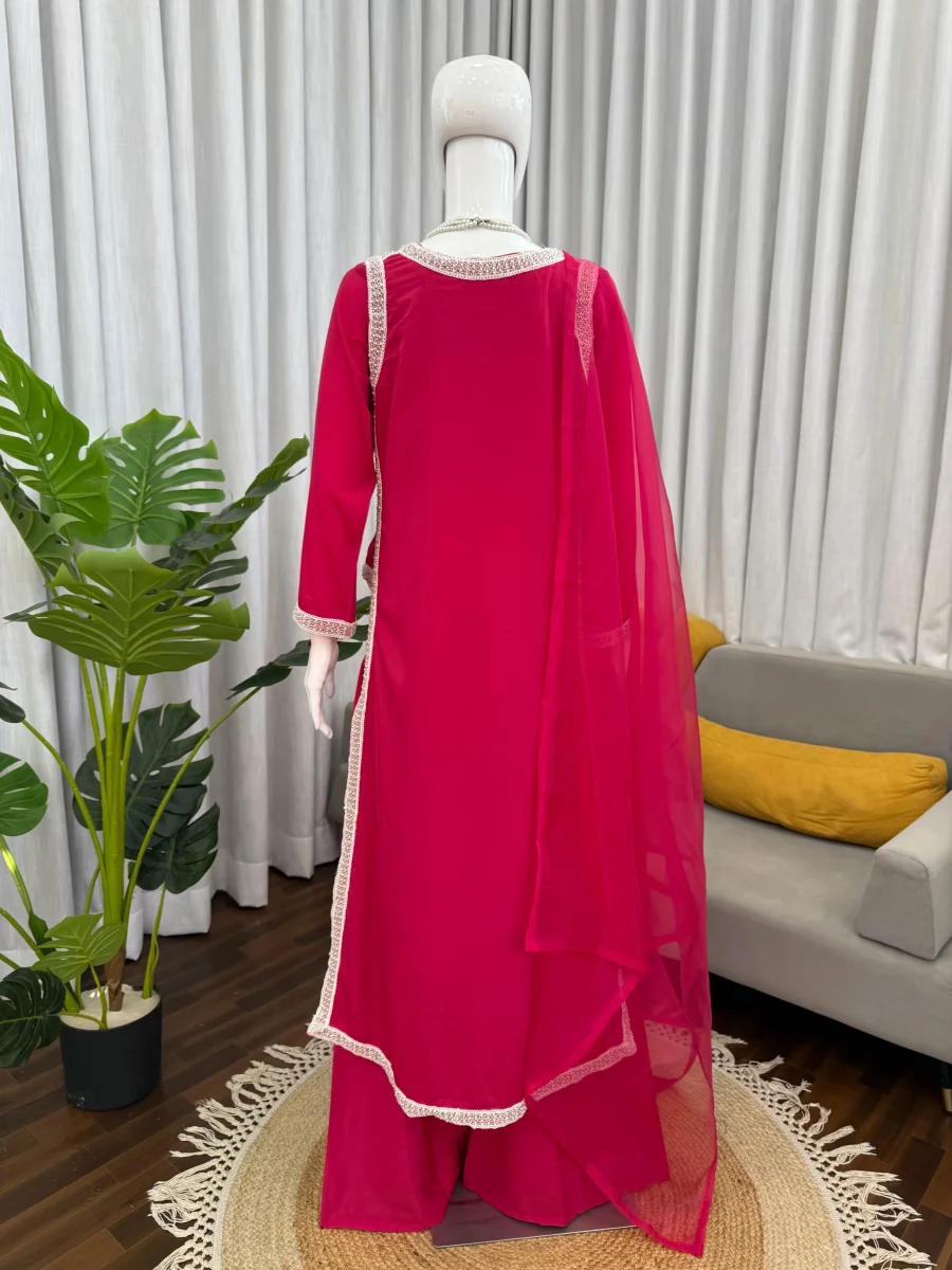 RICH LOOK NATURAL CREPE BEADS LACE BORDER WORK TOP PALAZZO WITH DUPATTA FESTIVE WEAR WHOLESALE PRICE ETHNIC GARMENT (24)