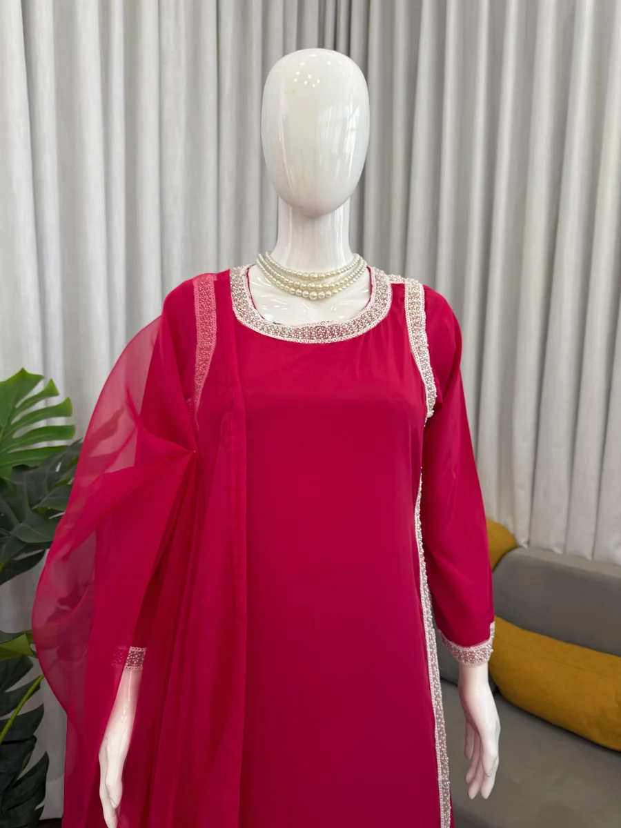 RICH LOOK NATURAL CREPE BEADS LACE BORDER WORK TOP PALAZZO WITH DUPATTA FESTIVE WEAR WHOLESALE PRICE ETHNIC GARMENT (25)