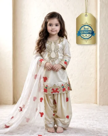 RICH LOOK NATURAL CREPE EMBROIDERY SEQUENCE WORK KID'S TOP PATIYALA WITH DUPATTA OFF WHITE