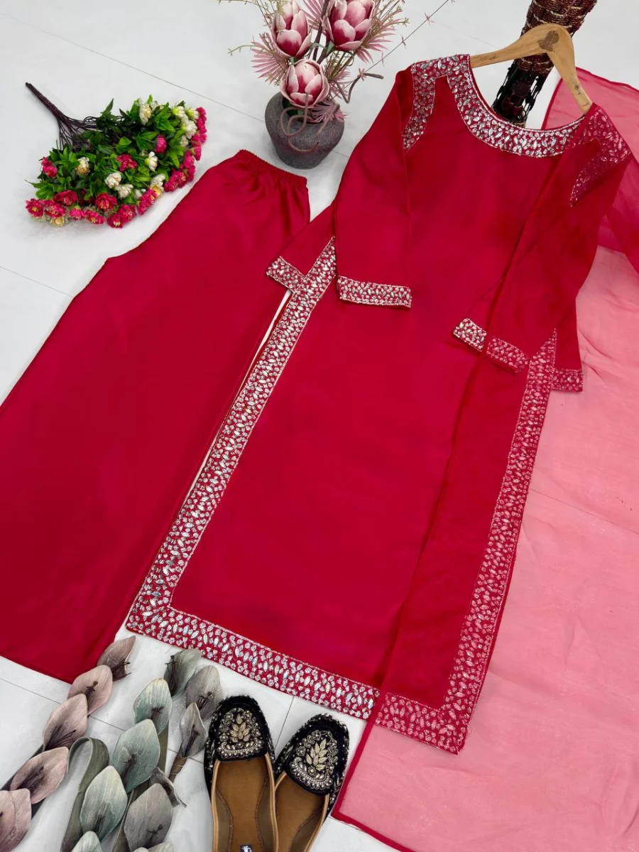 RICH LOOK NATURAL SILK EMBROIDERY SEQUENCE WITH PEARL HAND WORK TOP PALAZZO WITH DUPATTA FESTIVE WEAR WHOLESALE PRICE ETHNIC GARMENT (1)