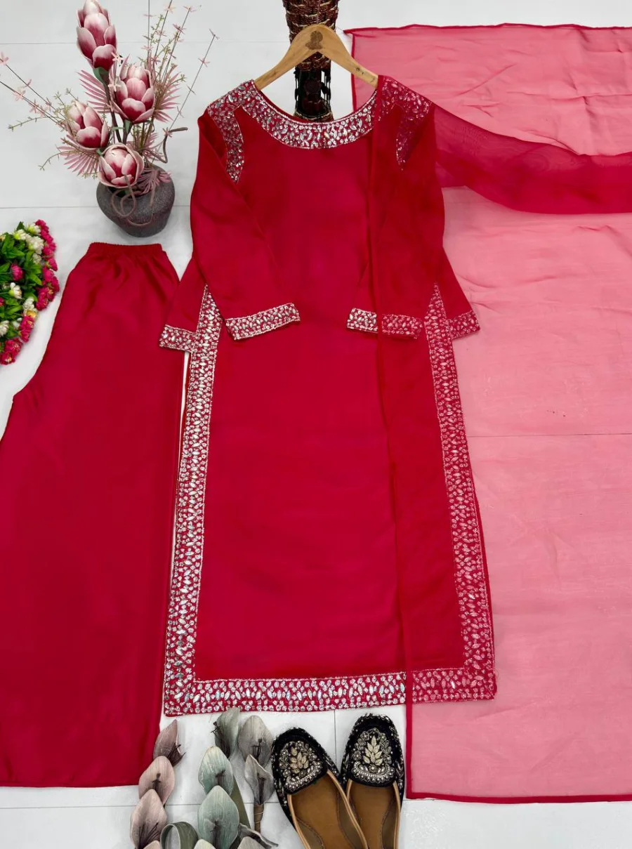 RICH LOOK NATURAL SILK EMBROIDERY SEQUENCE WITH PEARL HAND WORK TOP PALAZZO WITH DUPATTA FESTIVE WEAR WHOLESALE PRICE ETHNIC GARMENT (16)