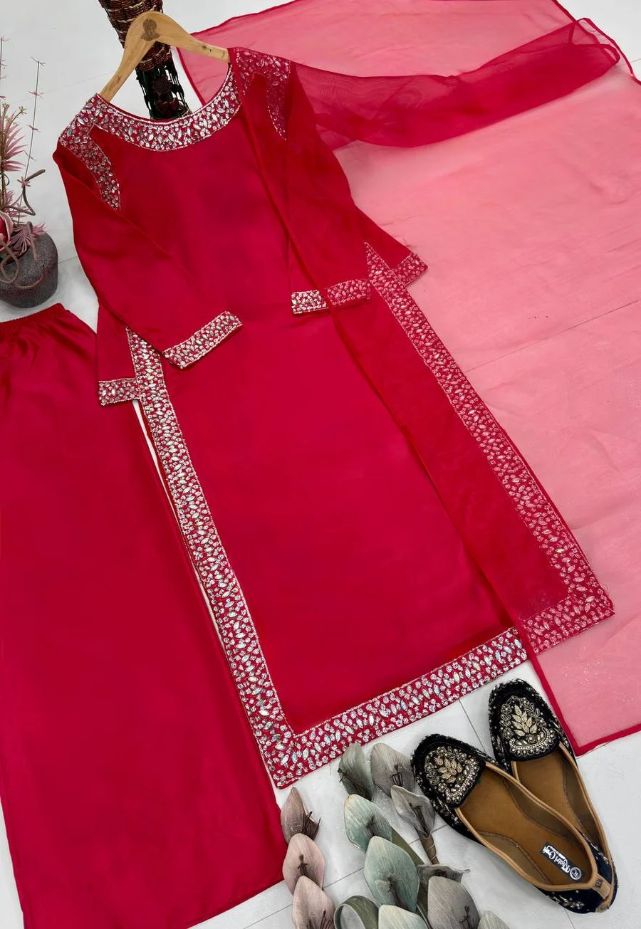 RICH LOOK NATURAL SILK EMBROIDERY SEQUENCE WITH PEARL HAND WORK TOP PALAZZO WITH DUPATTA FESTIVE WEAR WHOLESALE PRICE ETHNIC GARMENT (17)
