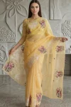 RICH LOOK ORGANZA MULTI THREAD EMBROIDERY WORK WITH CUTWORK PATCH AND BORDER WORK SAREE WITH UNSTITCHED BLOUSE YELLOW