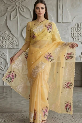 RICH LOOK ORGANZA MULTI THREAD EMBROIDERY WORK WITH CUTWORK PATCH AND BORDER WORK SAREE WITH UNSTITCHED BLOUSE YELLOW
