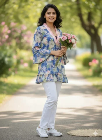 RICH LOOK POLY RAYON PRINTED WORK  ONLY TOP BLUE