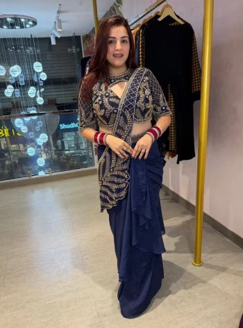 RICH LOOK RANGOLI SILK BEADS EMBROIDERY WORK READY TO WEAR SAREE WITH STITCHED BLOUSE NAVY BLUE