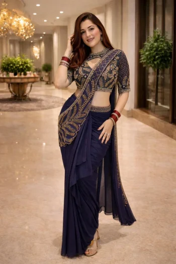 RICH LOOK RANGOLI SILK EMBROIDERY SEQUENCE WORK DHOTI STYLE SAREE WITH STITCHED BLOUSE NAVY BLUE