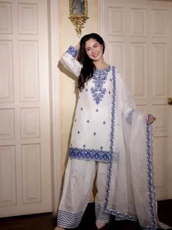 RICH LOOK RAYON COTTON EMBROIDERY THREAD WORK TOP PATIYALA WITH DUPATTA BLUE AND WHITE