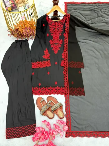 RICH LOOK RAYON COTTON EMBROIDERY THREAD WORK TOP PATIYALA WITH DUPATTA BLACK AND RED