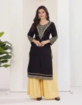 RICH LOOK RAYON EMBROIDERY WORK KURTI PALAZZO SET BLACK