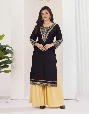 RICH LOOK RAYON EMBROIDERY WORK KURTI PALAZZO SET BLACK