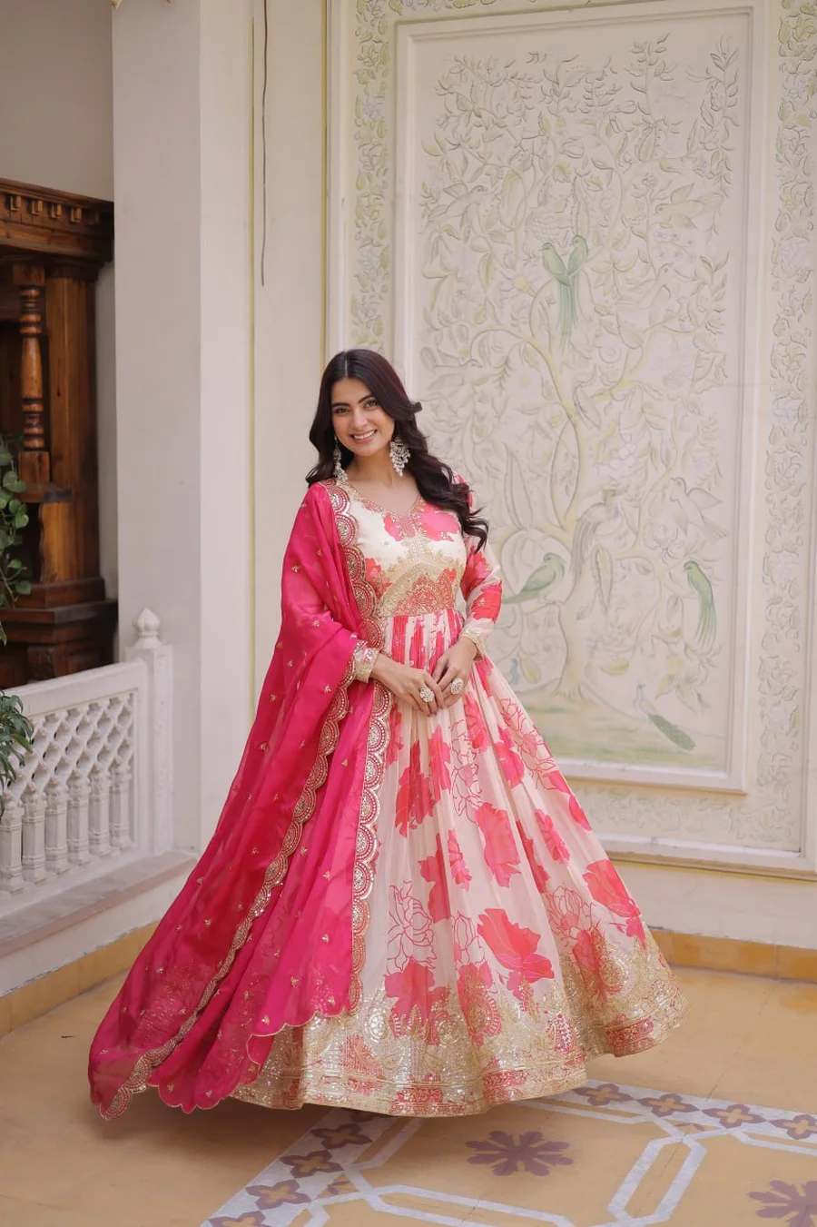 RICH LOOK RUSSIAN SILK DIGITAL PRINTED WITH EMBROIDERY ZARI SQUENCE WORK GOWN WITH DUPATTA WEDDING WEAR WHOLESALE PRICE ETHNIC GARMENT (2)