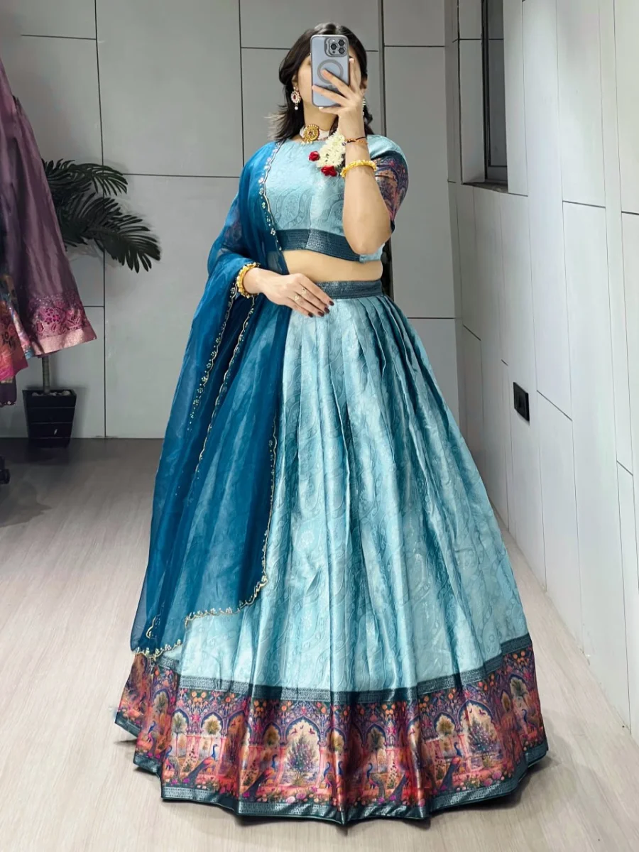 RICH LOOK SILK ZARI WEAVING WITH KALAMKARI WEAVING BORDER WORK LEHENGA CHOLI WITH DUPATTA FESTIVE WEAR WHOLESALE PRICE ETHNIC GARMENT (2)