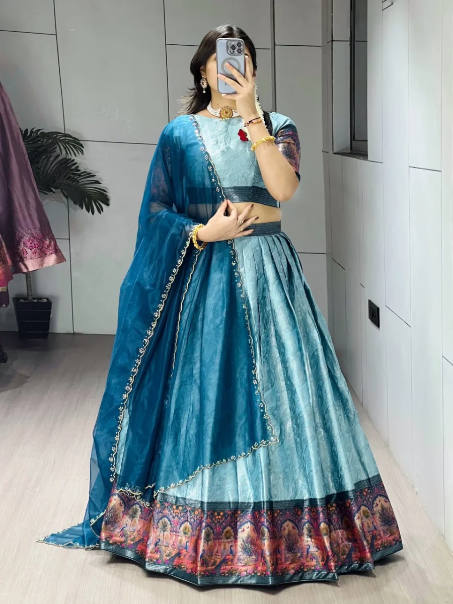 RICH LOOK SILK ZARI WEAVING WITH KALAMKARI WEAVING BORDER WORK LEHENGA CHOLI WITH DUPATTA FESTIVE WEAR WHOLESALE PRICE ETHNIC GARMENT (3)