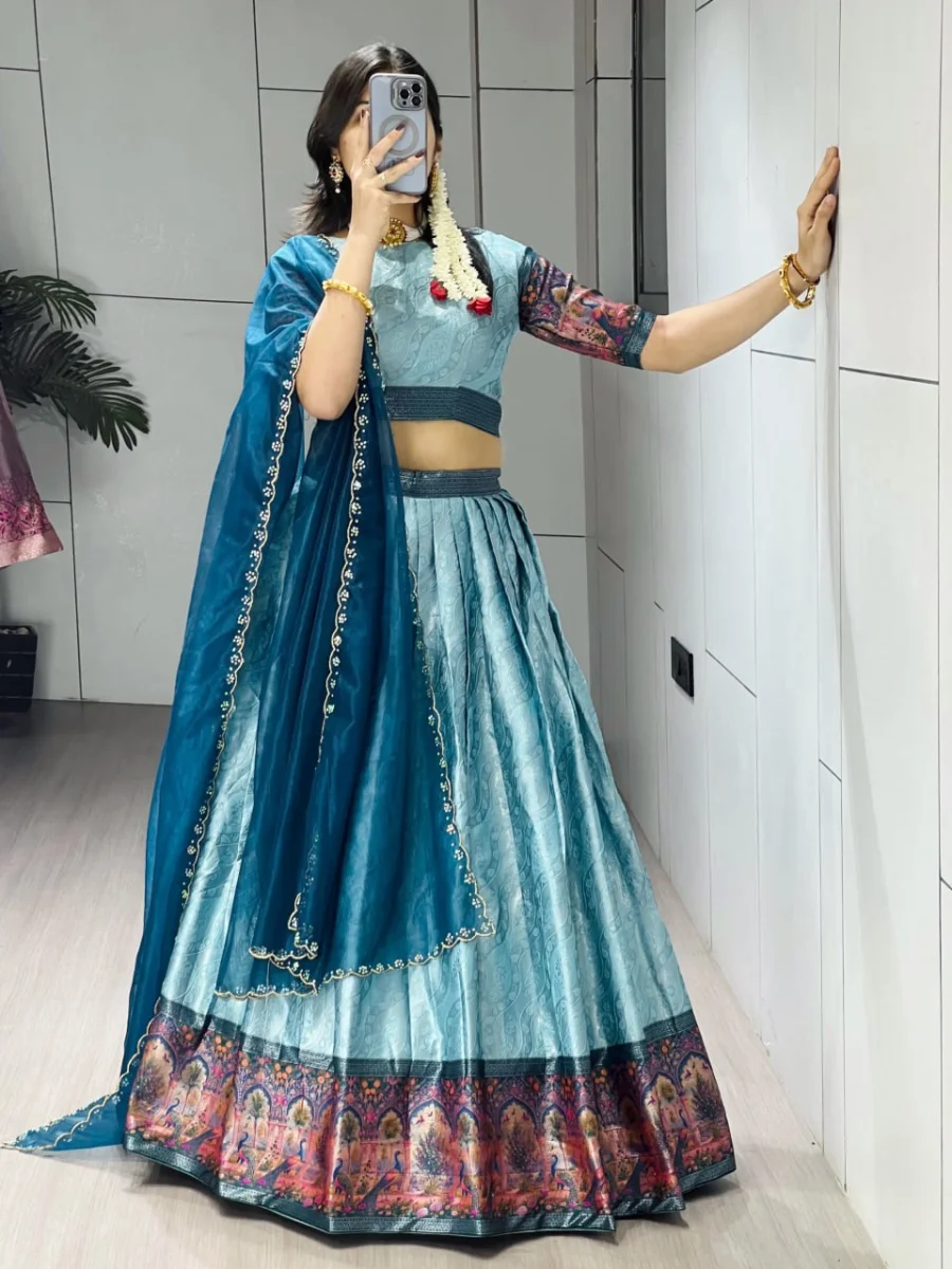 RICH LOOK SILK ZARI WEAVING WITH KALAMKARI WEAVING BORDER WORK LEHENGA CHOLI WITH DUPATTA FESTIVE WEAR WHOLESALE PRICE ETHNIC GARMENT (4)