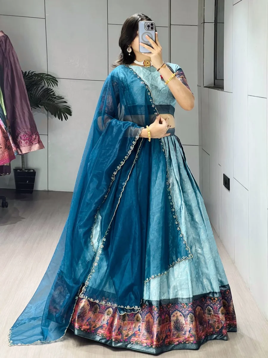 RICH LOOK SILK ZARI WEAVING WITH KALAMKARI WEAVING BORDER WORK LEHENGA CHOLI WITH DUPATTA FESTIVE WEAR WHOLESALE PRICE ETHNIC GARMENT (6)