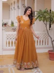RICH LOOK SILVER CRUNCHY EMBROIDERY-WORK GOWN YELLOW
