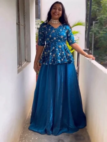 RICH LOOK SPACE SILK SEQUENCE EMBROIDERY WORK TOP LEHENGA SET BLUE