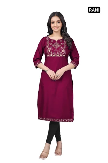 RICH LOOK TESLA COTTON EMBROIDERY WORK ONLY KURTI WINE