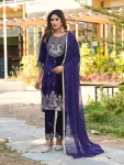 RICH LOOK VELVET BEADS, PIPE & 3 MM SEQUENCE WORK TOP BOTTOM WITH DUPATTA BLUE