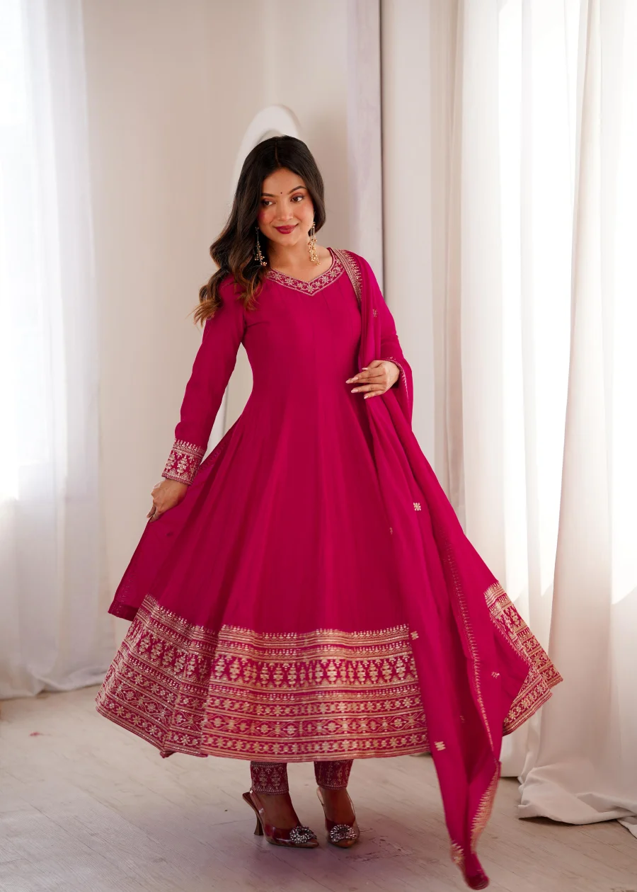 RICH LOOK VICHITRA SILK FANCY LACE WITH EMBROIDERY DORI,JARI AND SEQUENCE LACE WORK GOWN BOTTOM WITH DUPATTA WEDDING WEAR WHOLESALE PRICE ETHNIC GARMENT (2)