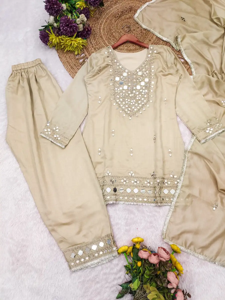 RICH LOOK VICHITRA SILK REAL MIRROR HAND WORK TOP BOTTOM WITH DUPATTA FESTIVE WEAR WHOLESALE PRICE ETHNIC GARMENT (1)