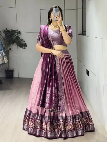 TRADITIONAL SILK ZARI WEAVING WITH CONTRAST GOLDEN ZARI WEAVING BORDER WORK LEHENGA CHOLI WITH DUPATTA BABY PINK AND WINE