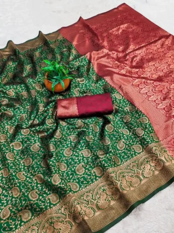 TRENDING BANARASI LICHI SILK JACQUARD WORK SAREE WITH UNSTITCHED BLOUSE GREEN