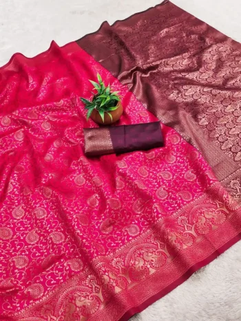 TRENDING BANARASI LICHI SILK JACQUARD WORK SAREE WITH UNSTITCHED BLOUSE RANI