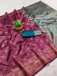 TRENDING BANARASI LICHI SILK JACQUARD WORK SAREE WITH UNSTITCHED BLOUSE WINE