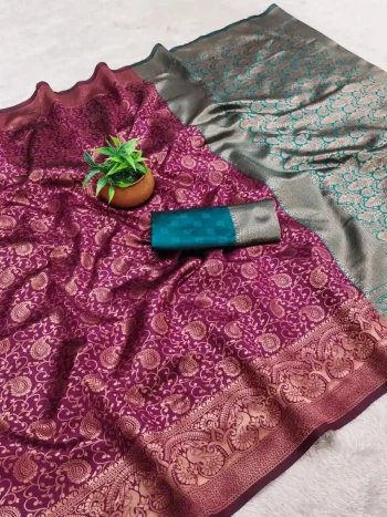TRENDING BANARASI LICHI SILK JACQUARD WORK SAREE WITH UNSTITCHED BLOUSE WINE