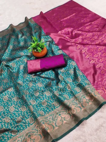 TRENDING BANARASI LICHI SILK JACQUARD WORK SAREE WITH UNSTITCHED BLOUSE RAMA